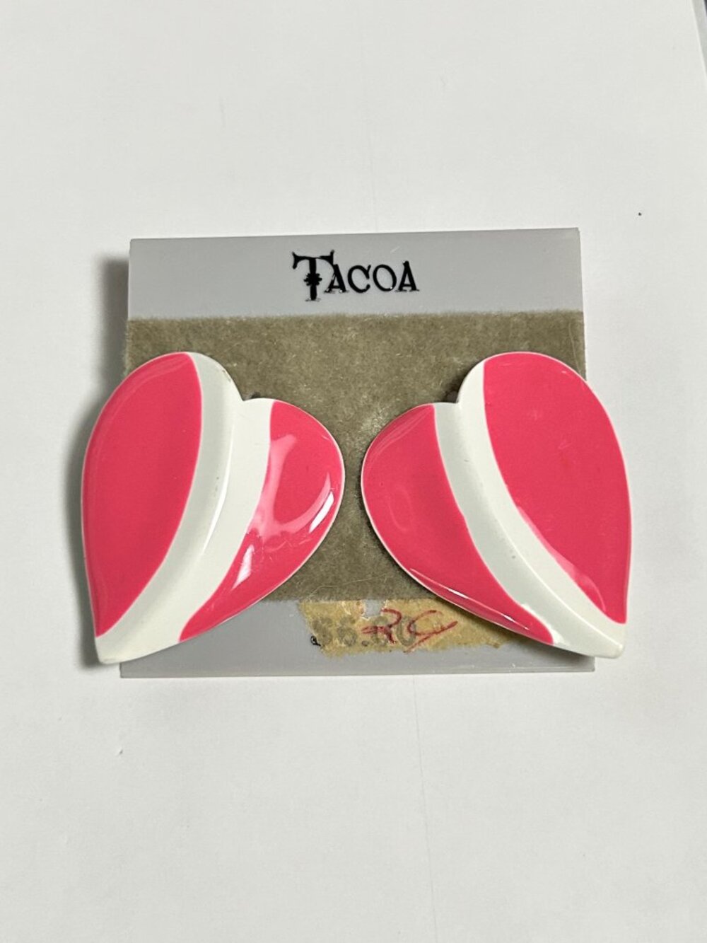 Vintage Tacoa Pink White Enamel Heart Stud Earrings NOS NWT